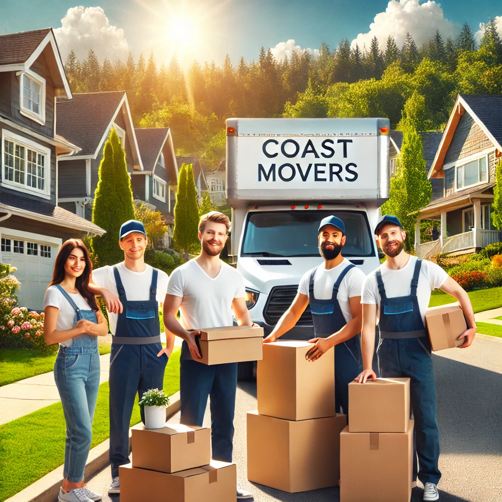 welcoming image of a professional moving team in a suburban neighborhood in Bremerton. The movers are carefully handling boxes and furniture